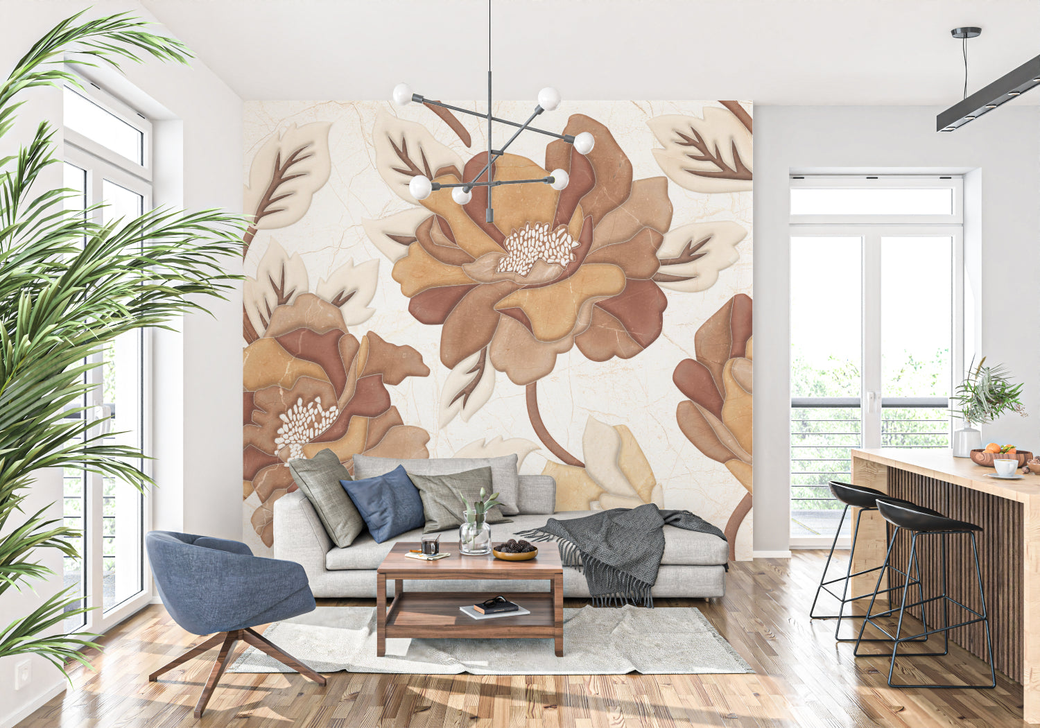 Terracotta bloom wallpaper as statement wall in dining room with wooden furniture