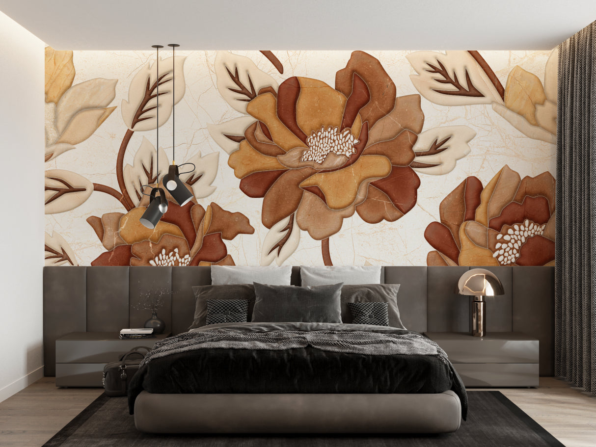 Earth tone floral mural wallpaper in home office with minimalist decor