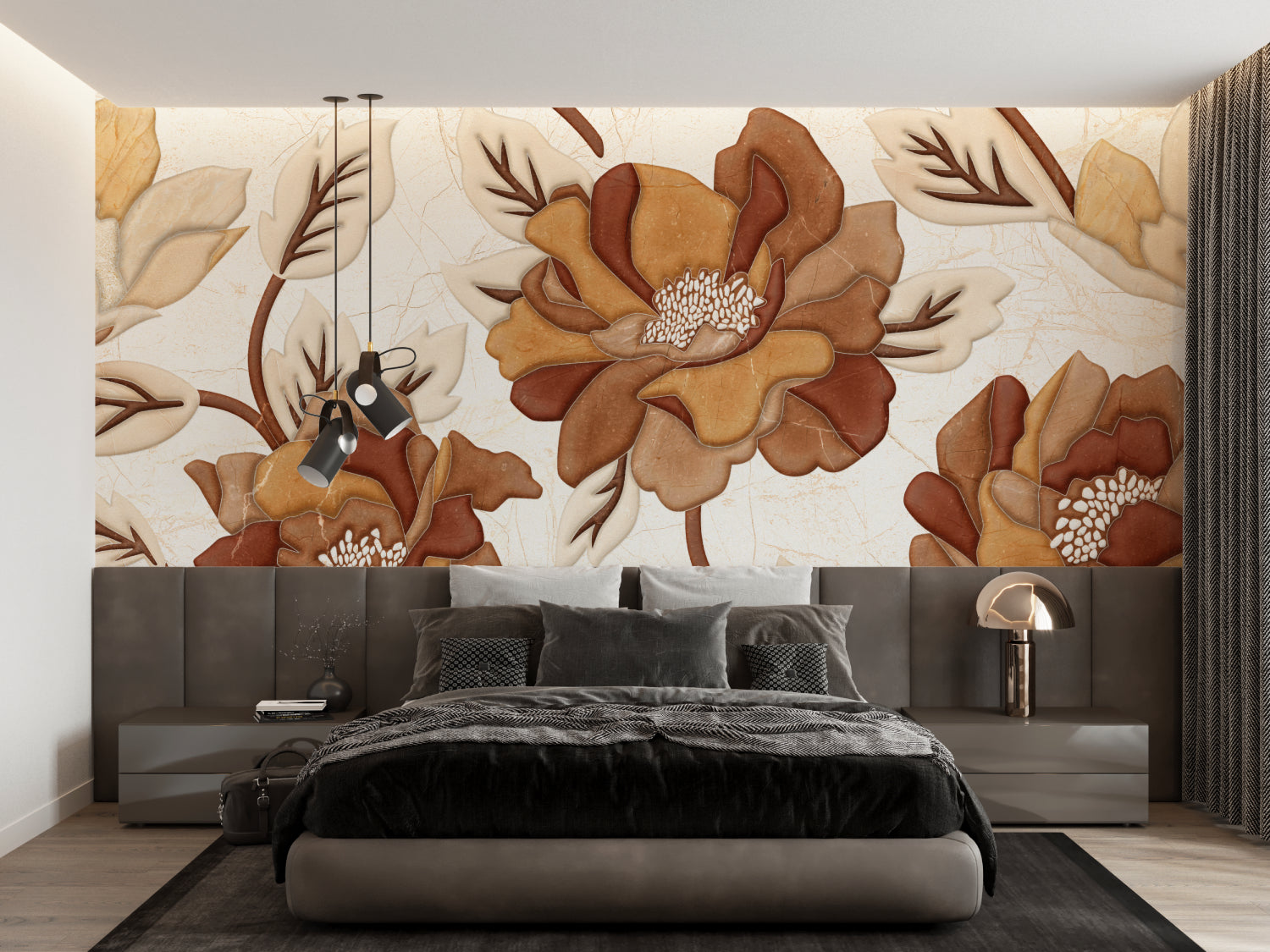 Earth tone floral mural wallpaper in home office with minimalist decor