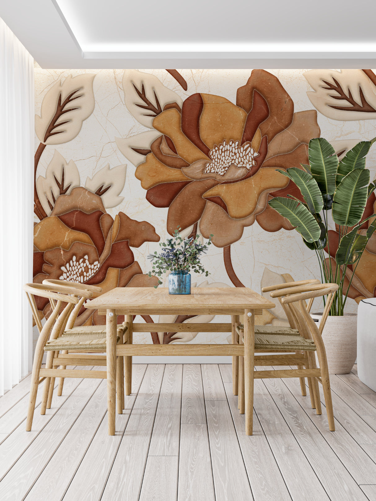 Botanical wall mural showcasing warm terracotta blooms in reading nook