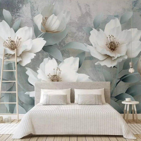 White floral wallpaper mural creating an elegant feature wall in a bright modern living room
