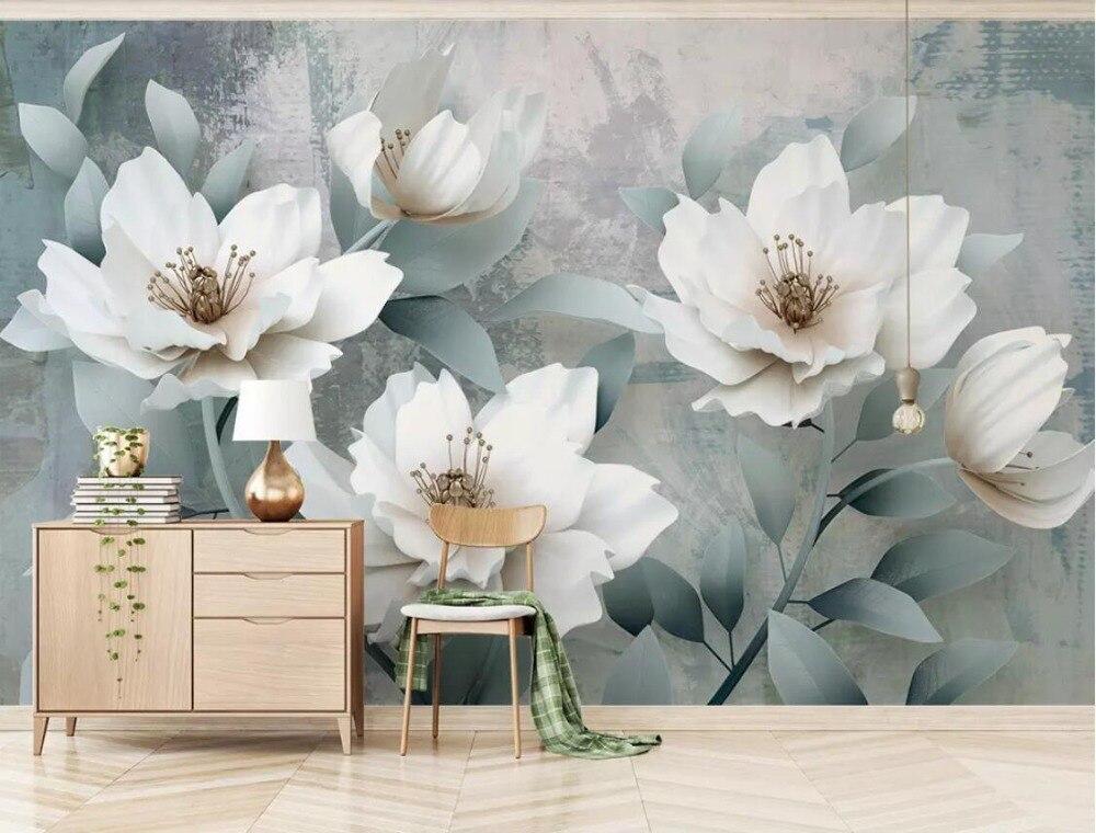 Large white bloom wallpaper transforming a master bedroom with soft grey accents