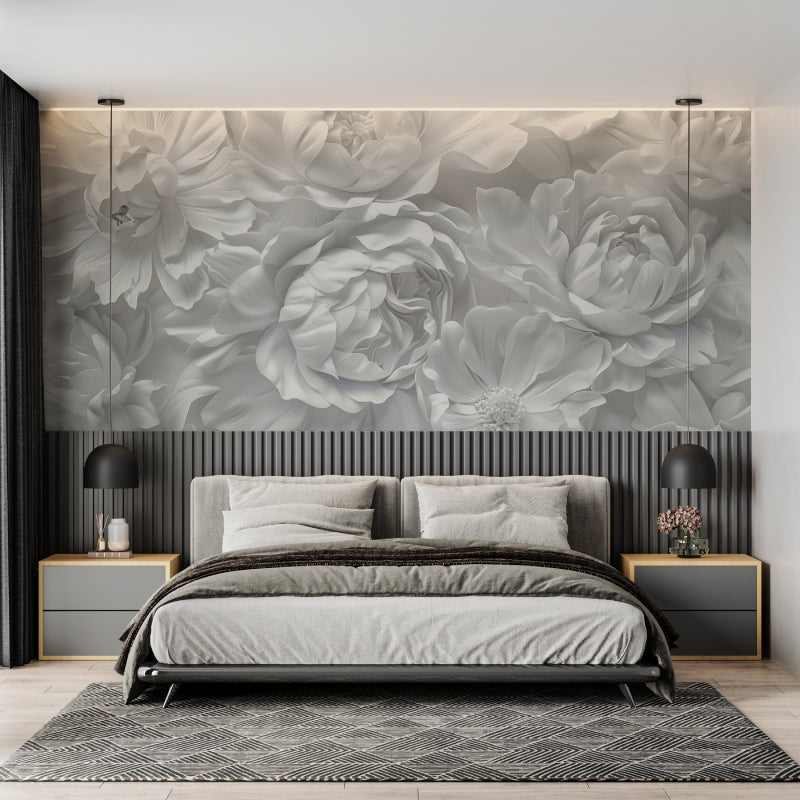 White rose wallpaper mural in modern living room creates elegant atmosphere
