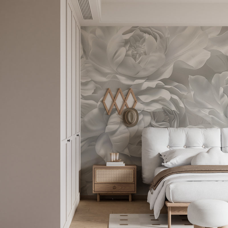 3D floral wall mural featured in master bedroom adds sophistication