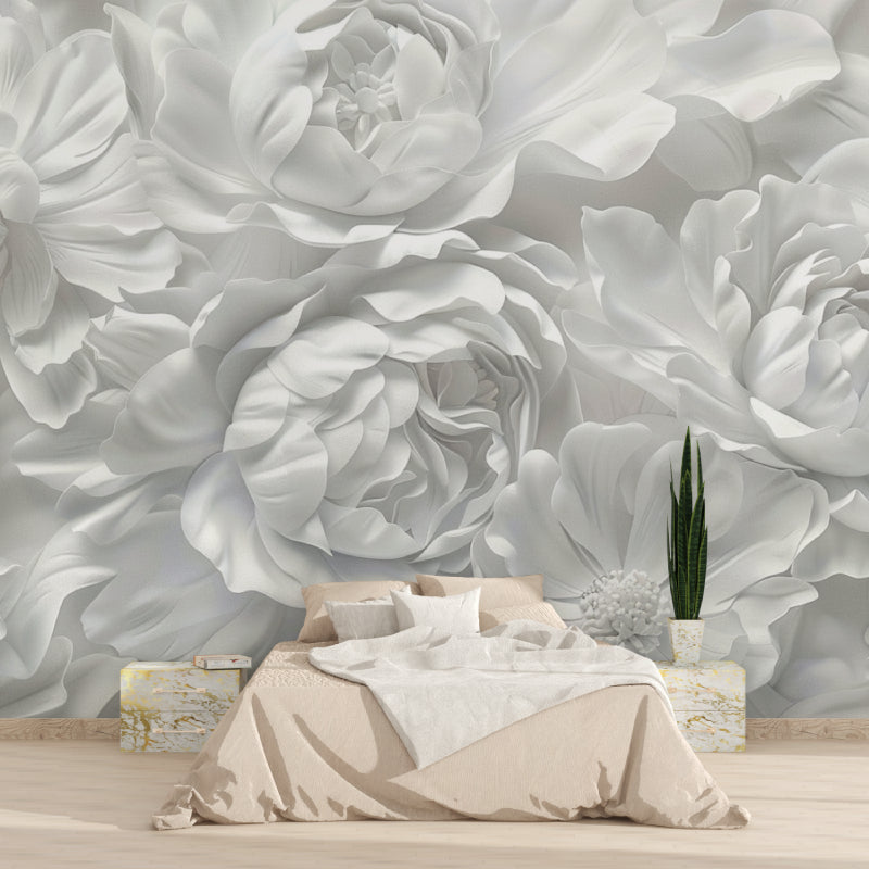 Large white rose wallpaper brings luxury to dining room walls