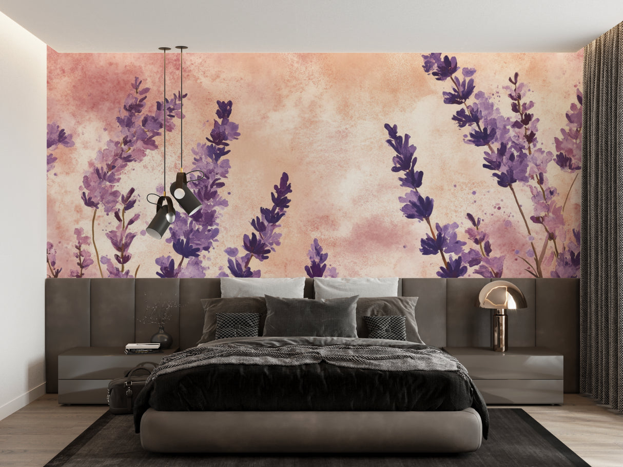 Lavender and terracotta wallpaper in home office with desk and chair