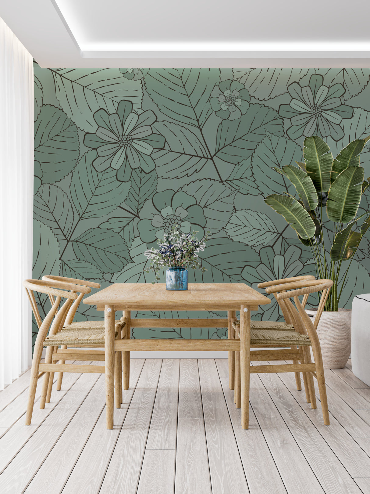 Botanical line art wallpaper in modern living room showcasing green floral pattern against white walls