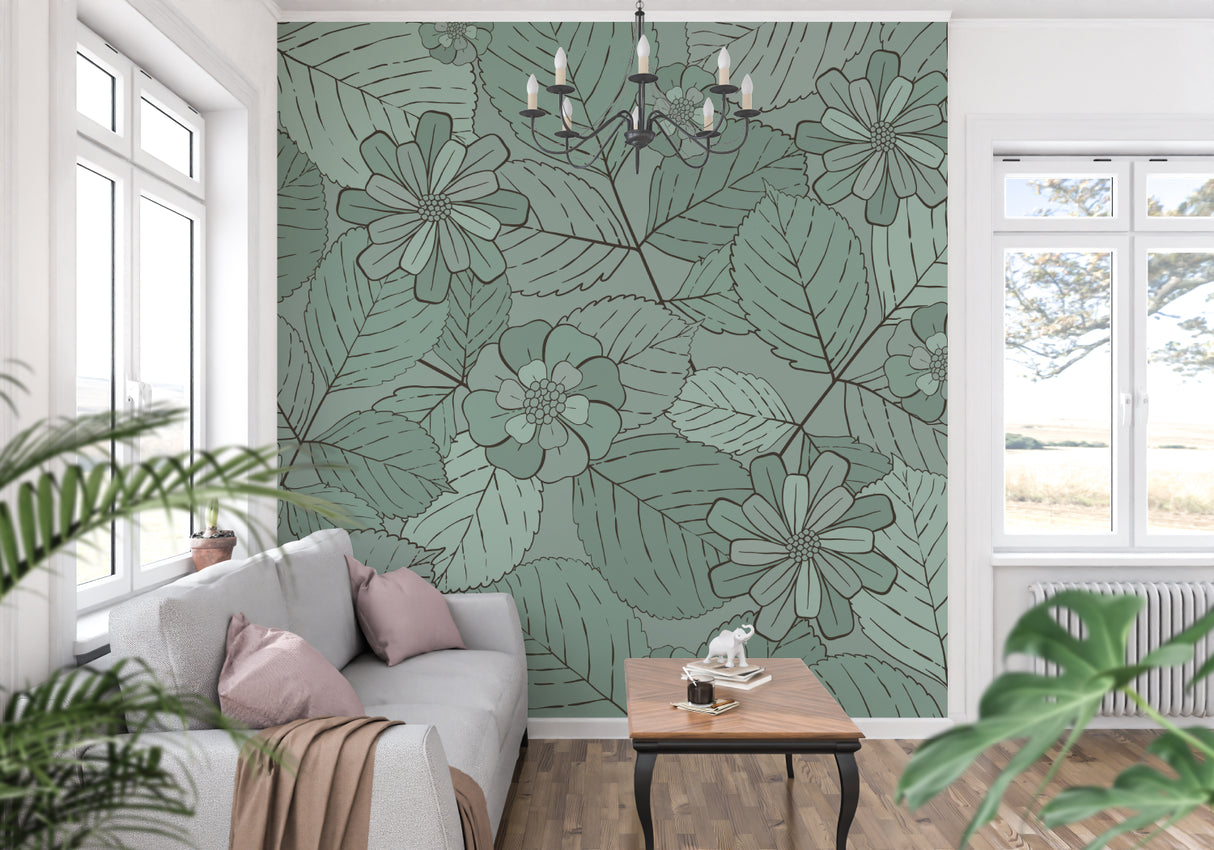 Green botanical wallpaper creating serene atmosphere in master bedroom