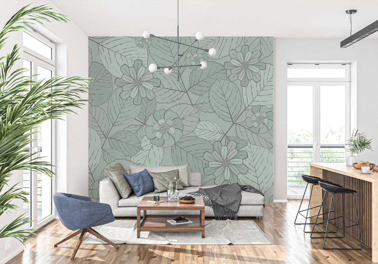 Home office featuring sage green floral line art mural adding natural touch