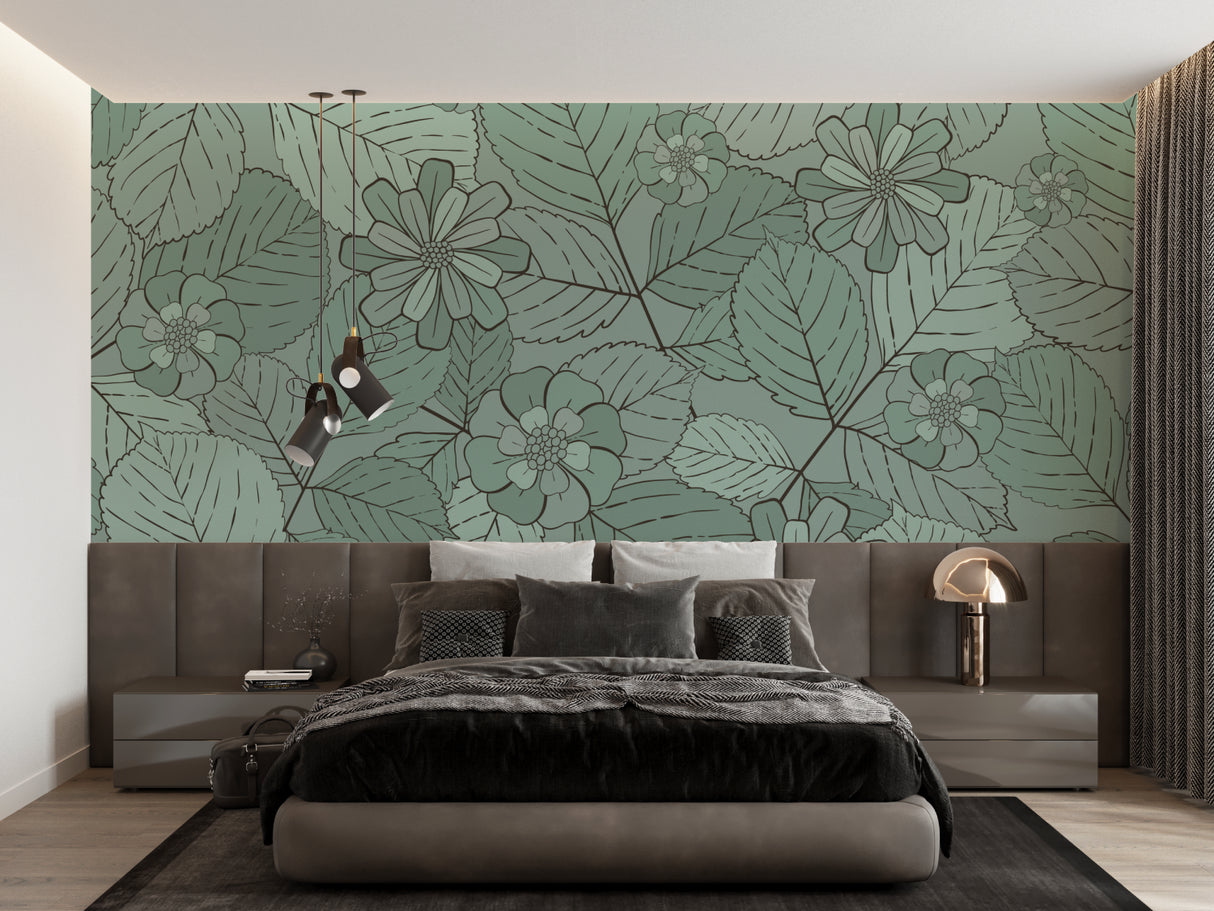 Dining room with botanical wall mural showing elegant black line art pattern