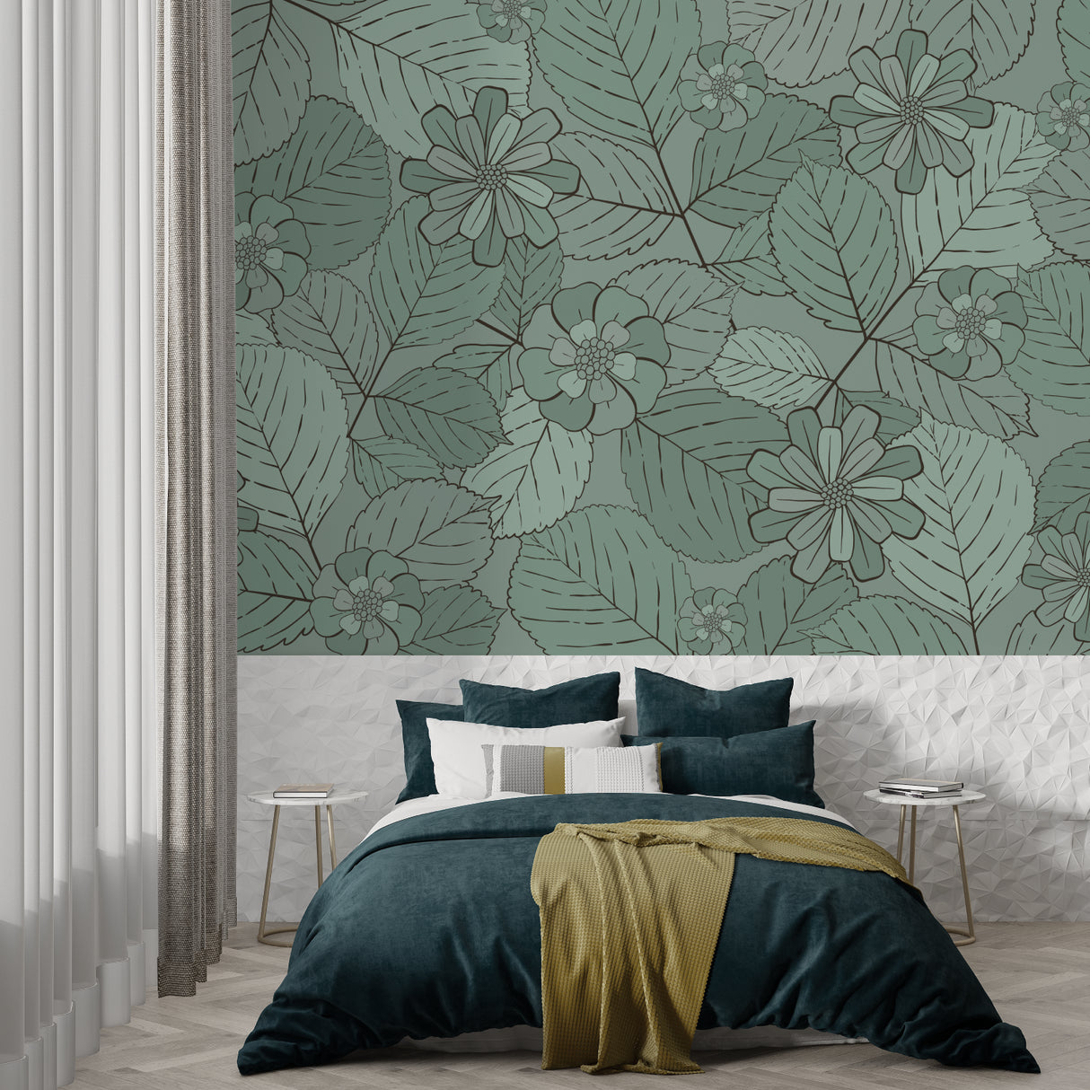 Green floral wallpaper bringing fresh garden feel to reading nook