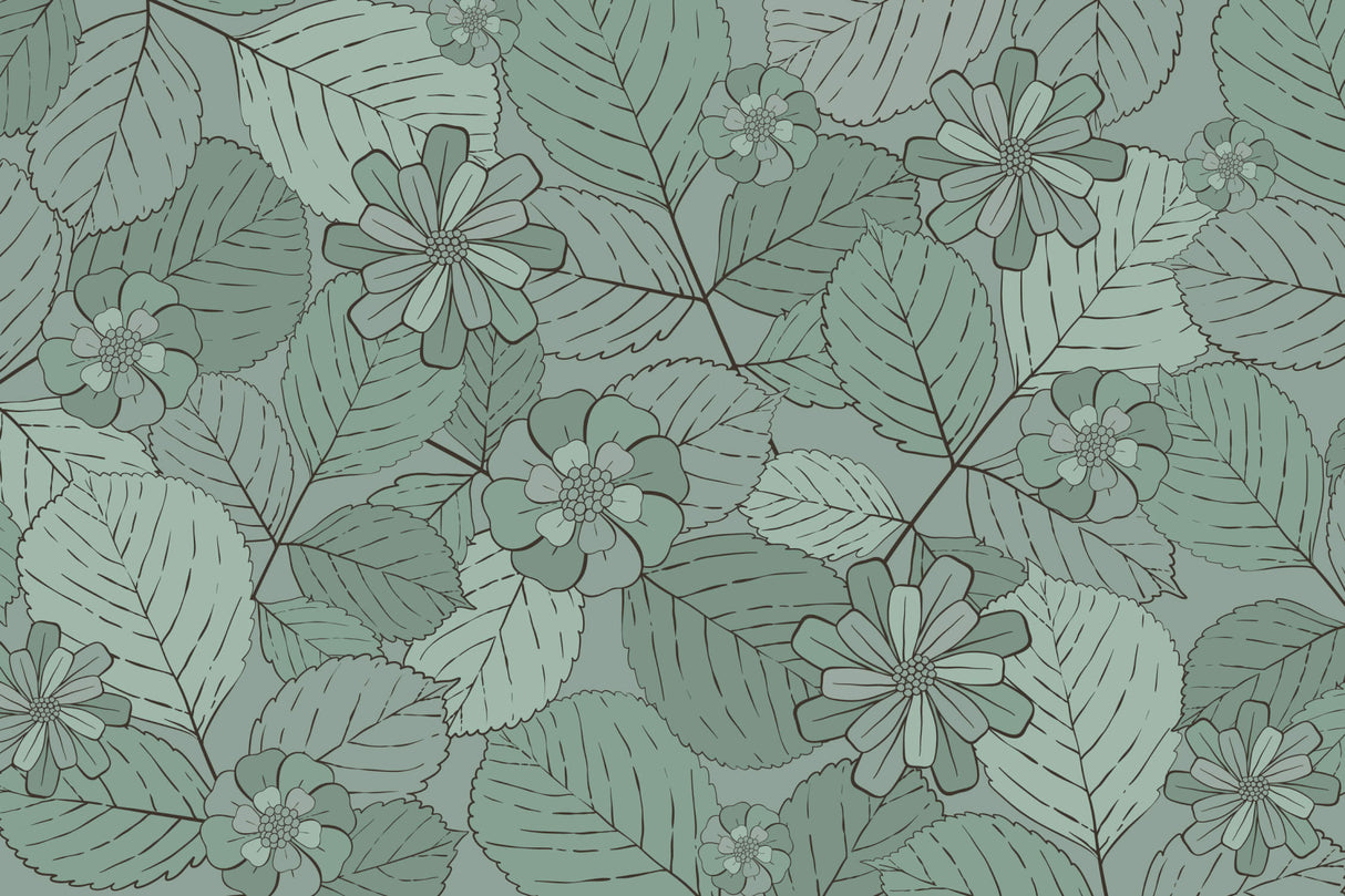 Botanical line art design file showing detailed green floral pattern and black outlines