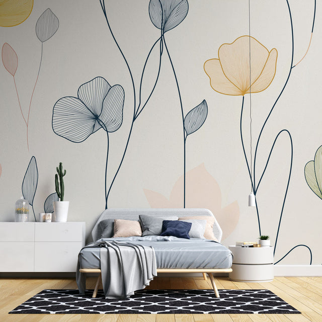 Line art floral wallpaper creating a serene atmosphere in a modern living room with minimalist furniture