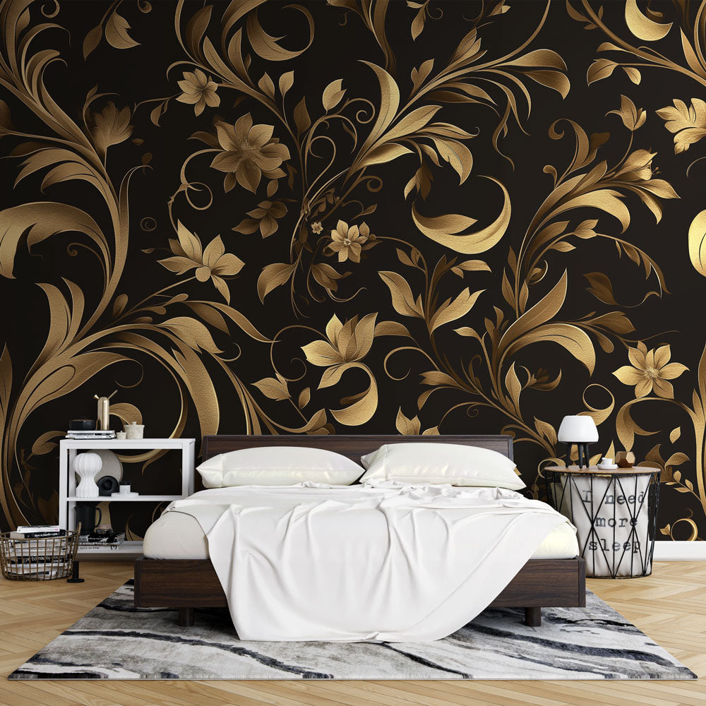 Black and gold floral wallpaper creating drama in a modern dining room with crystal chandelier