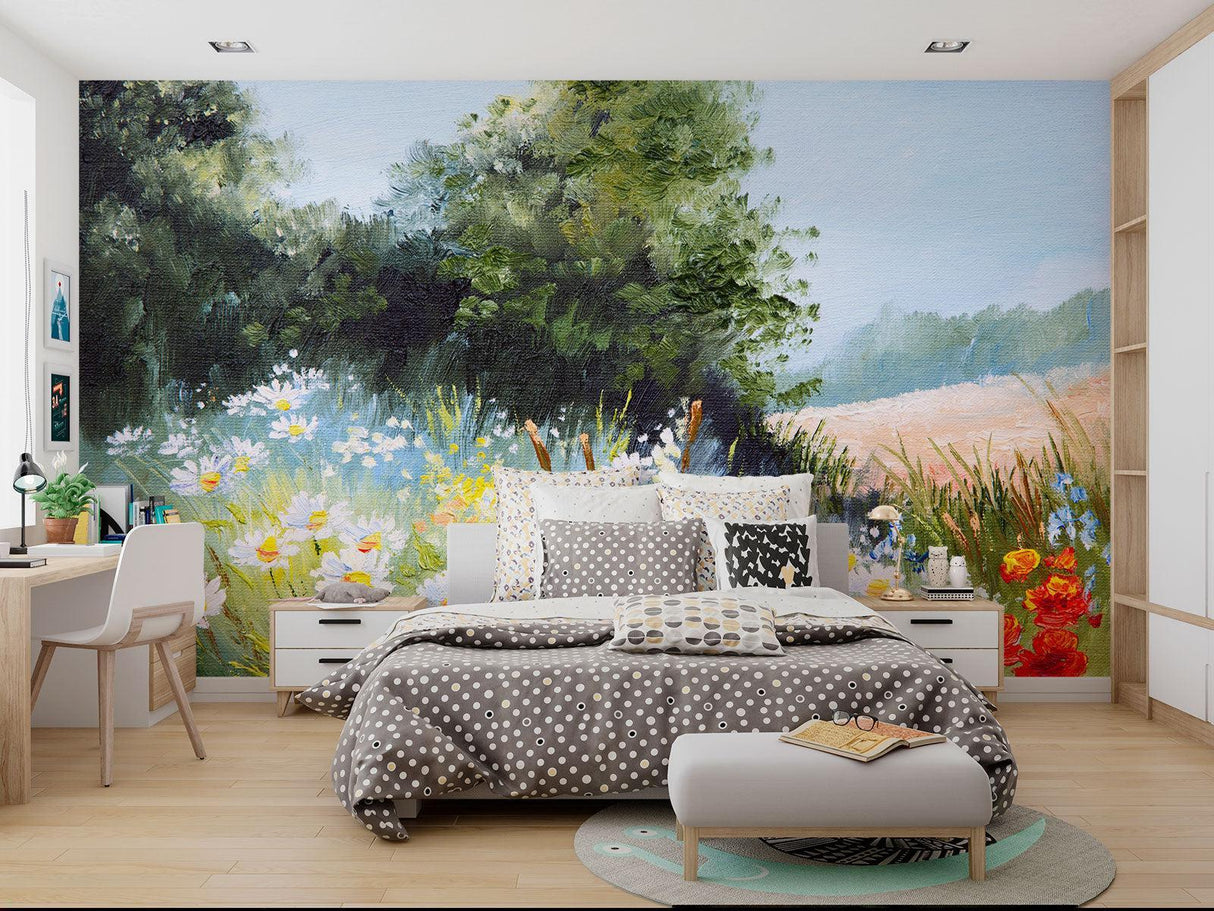 Floral meadow wallpaper creating a bright atmosphere in a modern living room with natural light