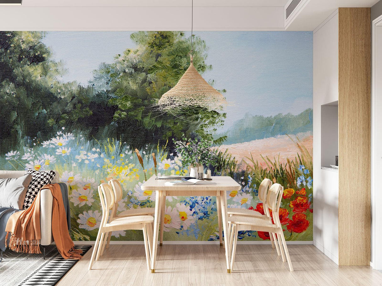 Wildflower wall mural bringing summer charm to a cozy bedroom setting