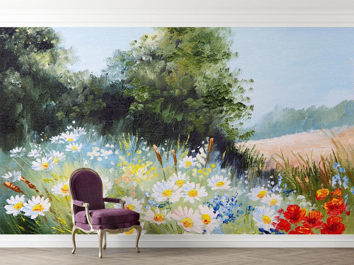 Meadow flower wallpaper transforming a home office with natural beauty