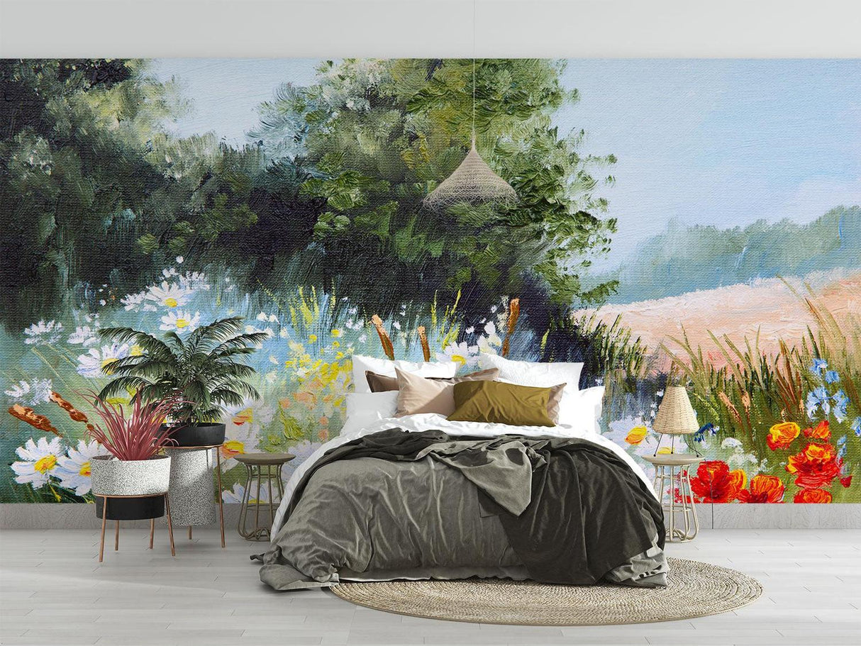 Floral wall mural adding depth to a dining room with soft daylight