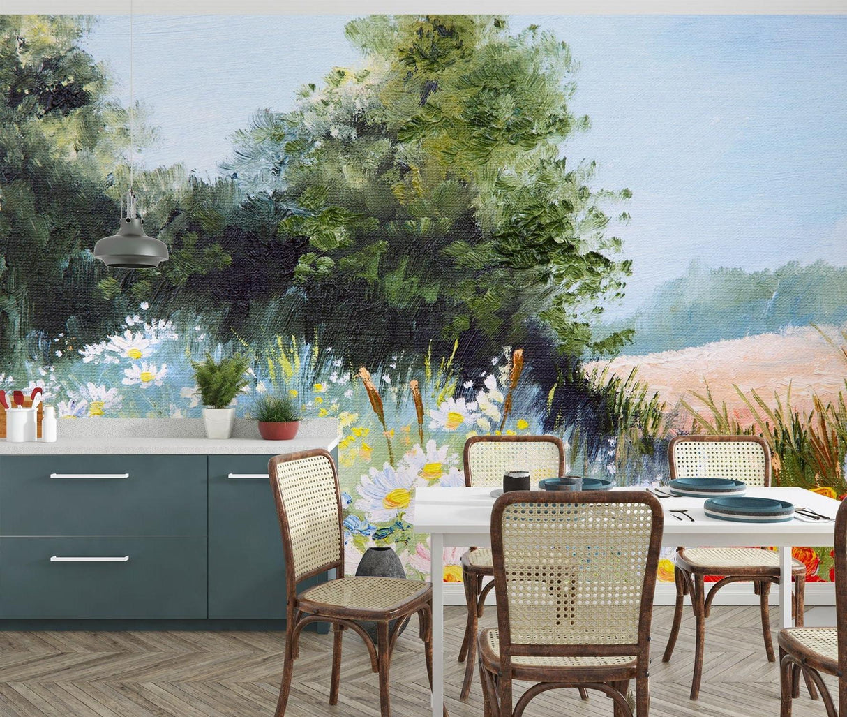 Nature inspired wallpaper brightening up a hallway space