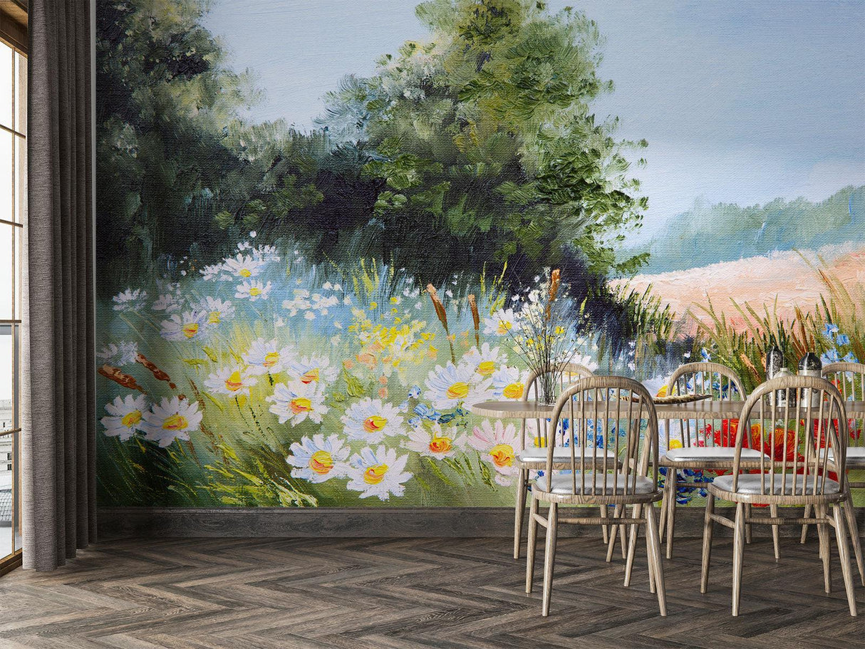 Wildflower mural creating a peaceful atmosphere in a reading nook