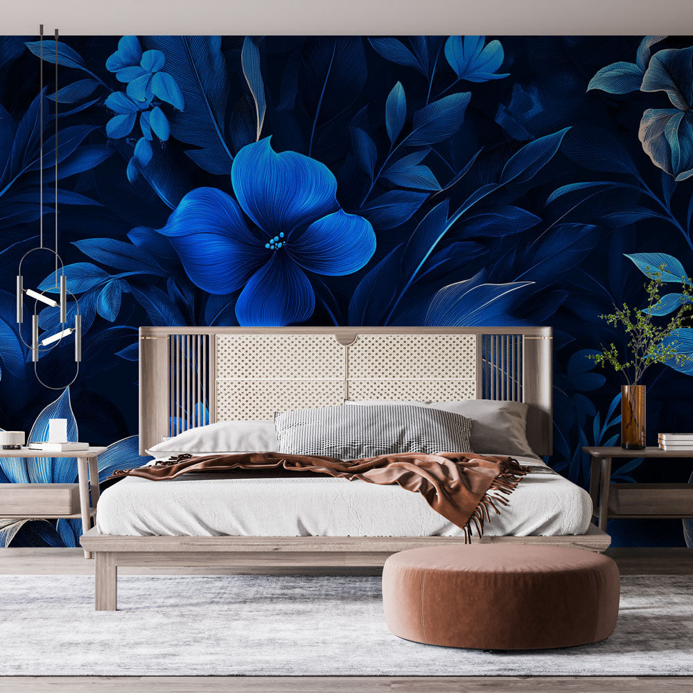 Midnight blue floral wallpaper creating a cozy atmosphere in a modern living room with soft lighting