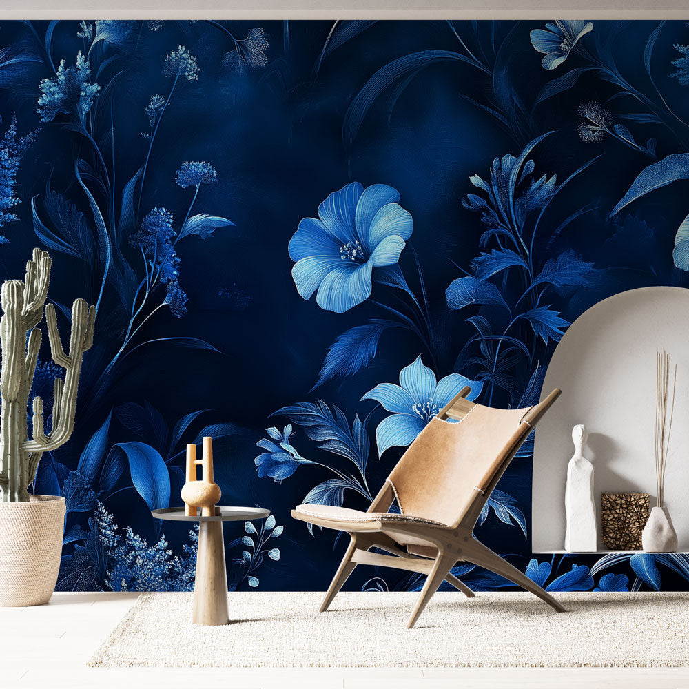 Midnight blue floral wallpaper creating a cozy atmosphere in a modern bedroom with soft lighting highlighting the delicate flower pattern