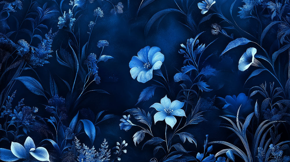 Blue floral garden wallpaper design file showing detailed midnight blooms and intricate botanical pattern