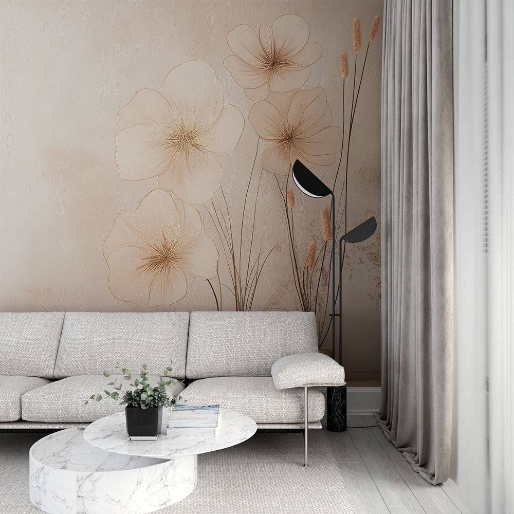 Beige floral wallpaper with gold accents in a bright modern living room, showing how the subtle pattern creates depth