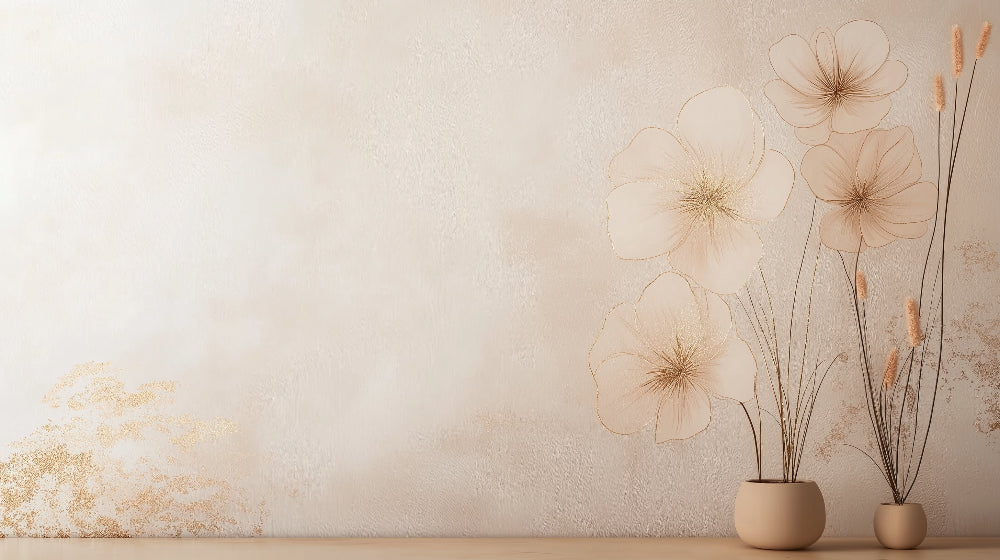Minimalist beige floral wallpaper design file showing intricate gold botanical pattern