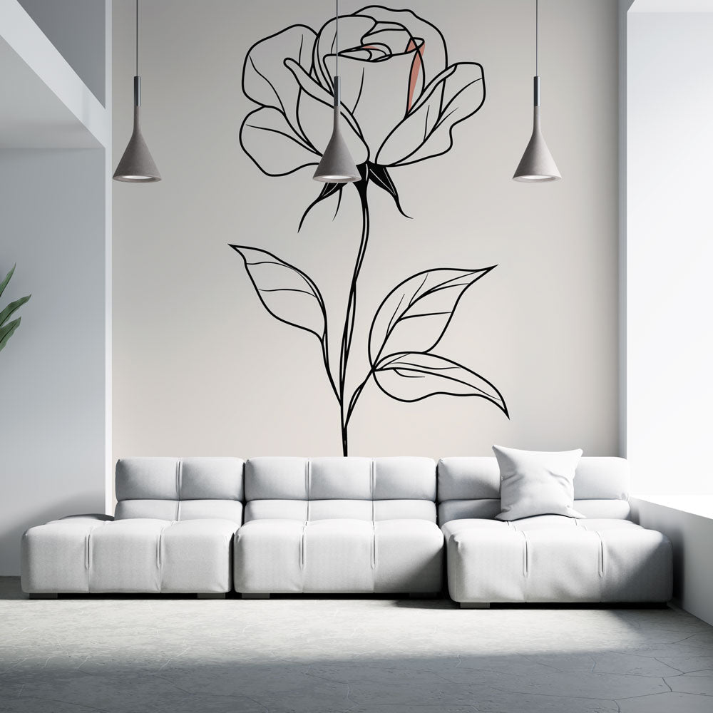 Modern Rose Line Art Wallpaper showcased in a bright Scandinavian bedroom, creating a clean and peaceful atmosphere