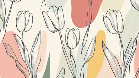 Design file of minimalist tulip line art pattern with black sketched flowers on soft background