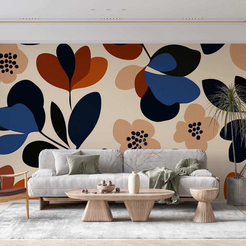 Modern floral wallpaper with navy and terracotta leaves brings warmth to a bright dining room with minimalist furniture
