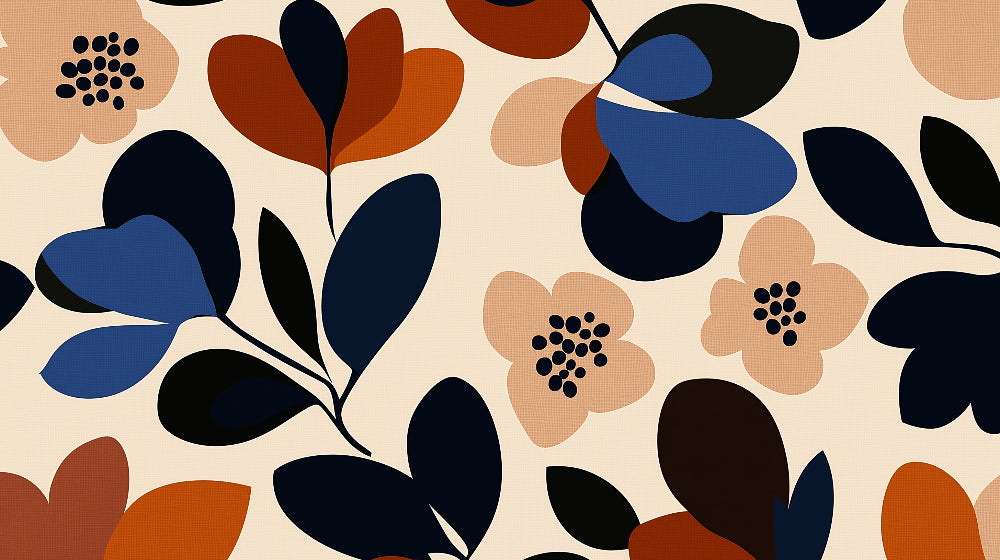 Abstract floral pattern design file showing navy blue and terracotta leaves on beige background
