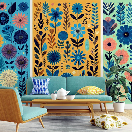 Modern floral wall mural bringing Art Deco charm to a bright living room with blue and yellow accents