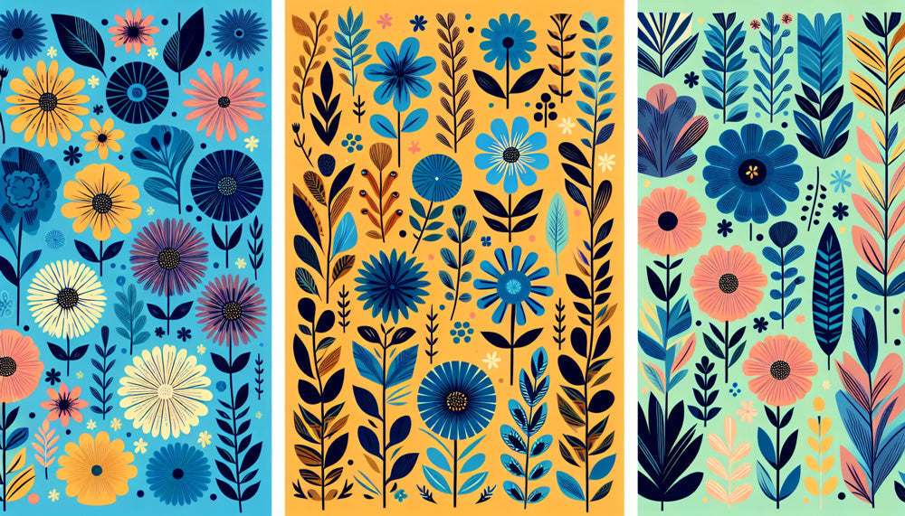 Art Deco floral pattern design file featuring geometric blooms and botanical elements in blue and yellow