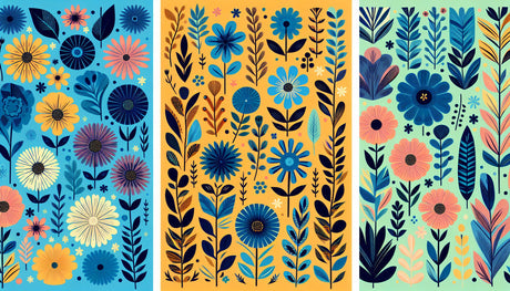 Art Deco floral pattern design file featuring geometric blooms and botanical elements in blue and yellow