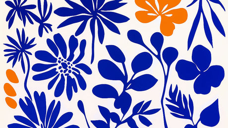 Modern blue and orange floral pattern design file showing full repeat and color details