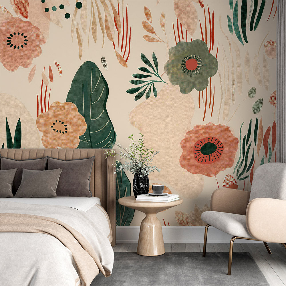 Modern floral wallpaper in bright living room, showing terracotta blooms against beige backdrop
