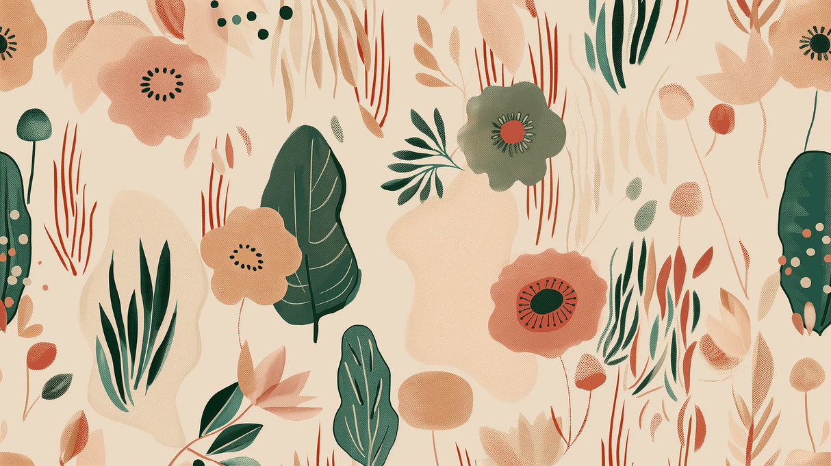 Botanical wall mural featuring terracotta flowers in contemporary dining room setting