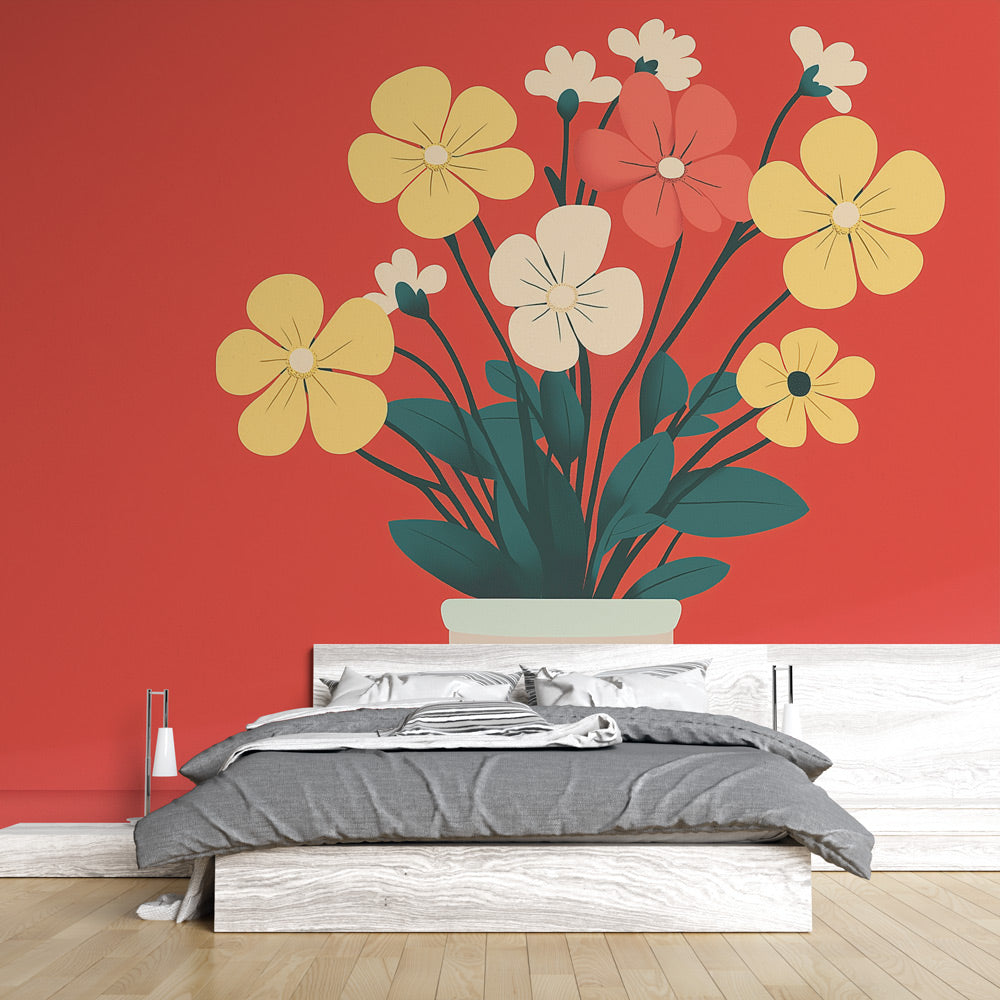 Modern red floral wallpaper creating a stunning accent wall in a bright living room with minimal furniture