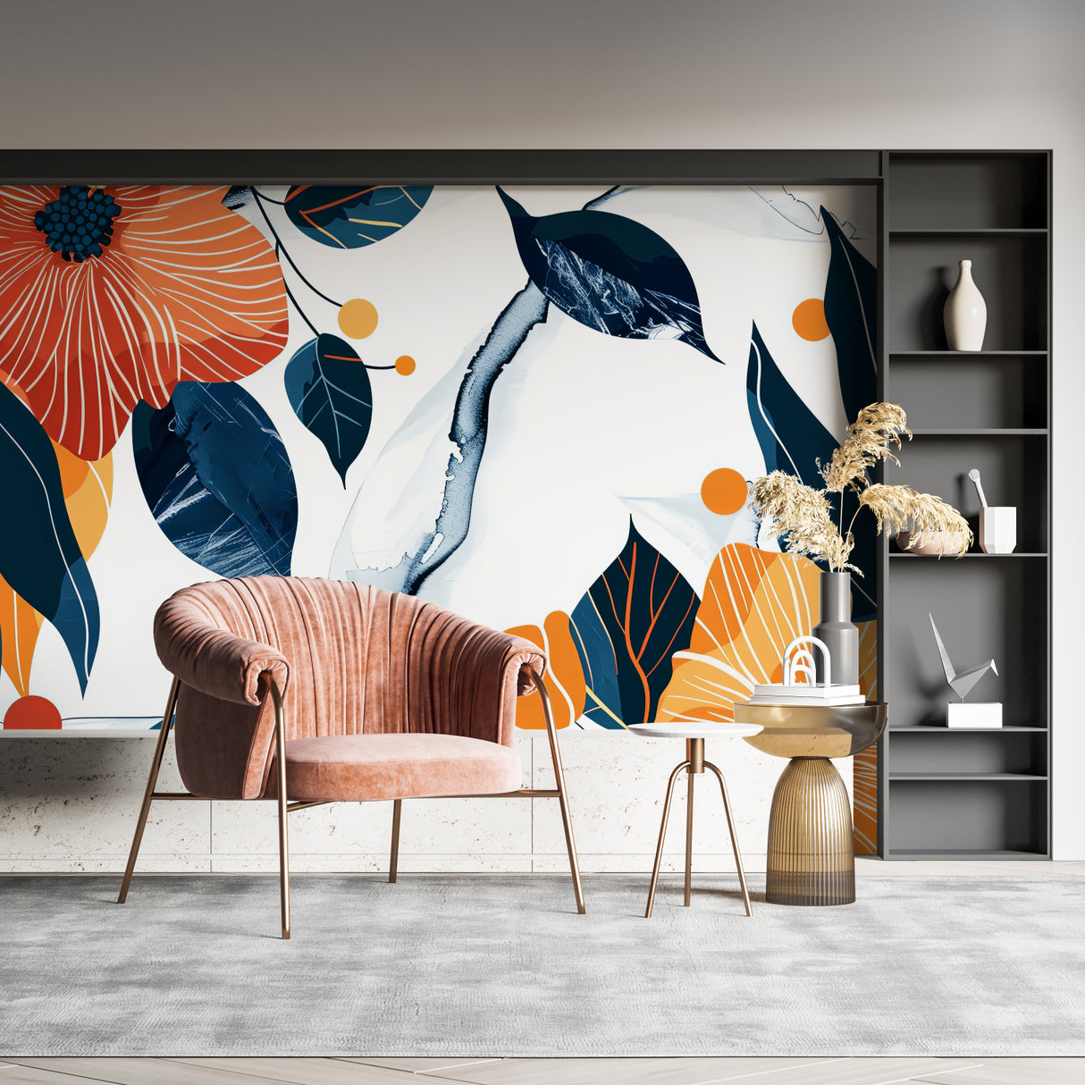 Modern navy and orange floral wallpaper in a bright living room with grey sofa and natural light