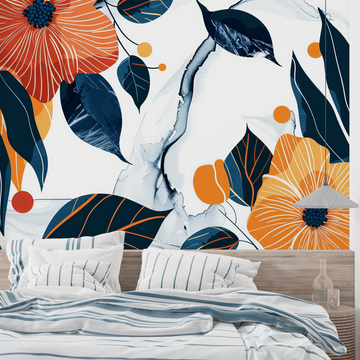Contemporary floral wall mural featuring navy and orange blooms in a modern dining room setting