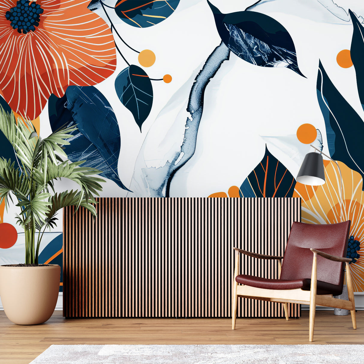 Navy and orange botanical wallpaper creating a statement wall in a home office space