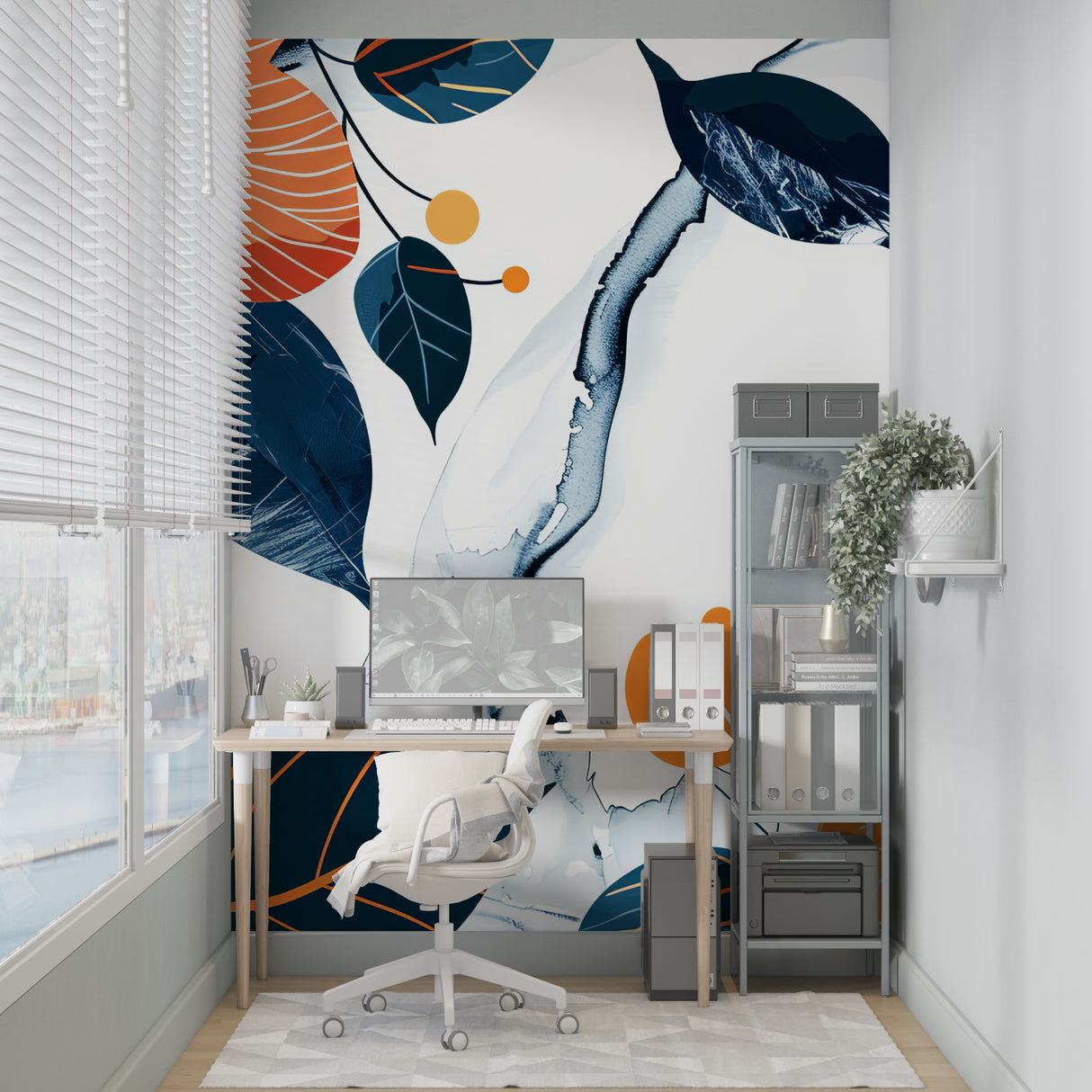 Modern floral mural wallpaper with navy leaves and orange flowers in a master bedroom