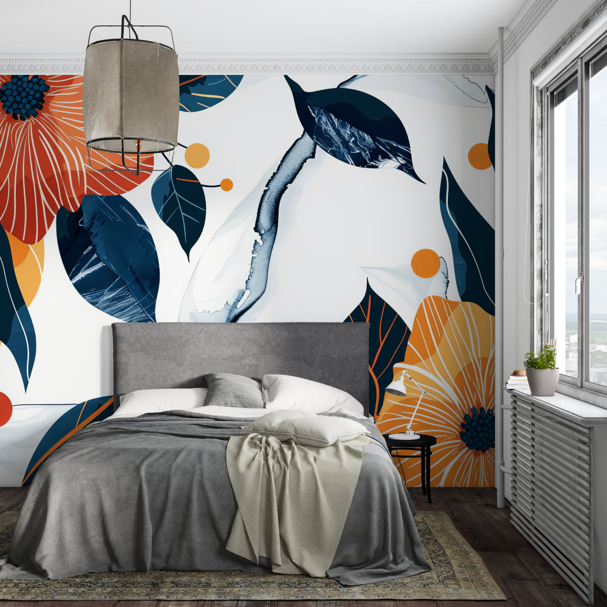 Bold navy and orange floral pattern making a statement in an entrance hallway