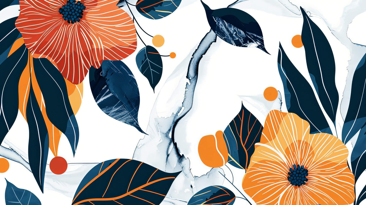 Design file showing detailed navy and orange floral pattern with golden accents on white background
