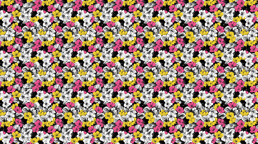 Pink and yellow modern floral pattern design file on black background showing full repeat