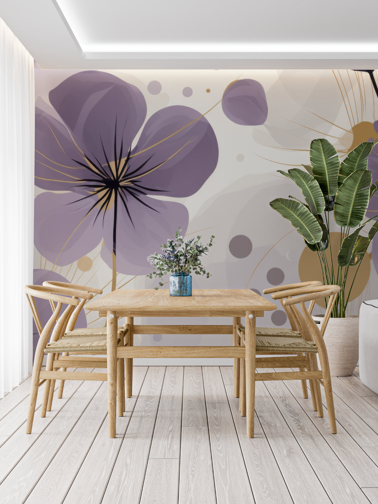 Modern purple and gold floral wallpaper in a bright living room setting with minimal furniture