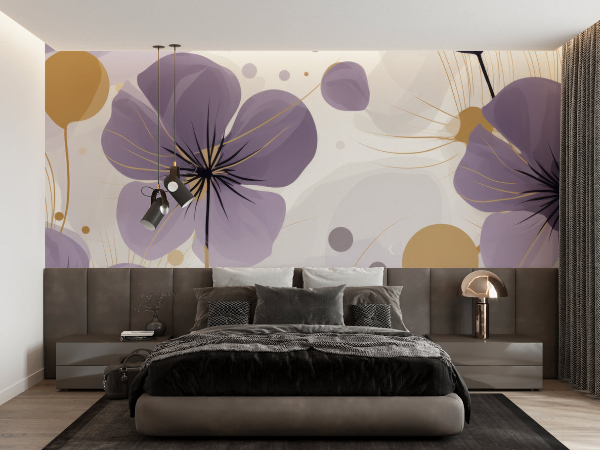 Purple floral wall mural featured in a master bedroom with gold accents