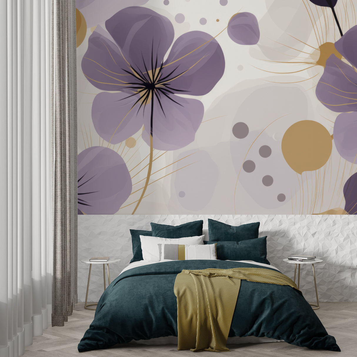 Floral mural wallpaper showcased in an entryway with modern lighting